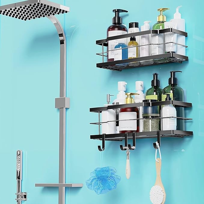 Moforoco Extra Large Shower Caddy Shelf Organizer Rack, Self Adhesive Black Bathroom Shelves Basket, Home Farmhouse Wall Inside Organization Storage Decor Accessories