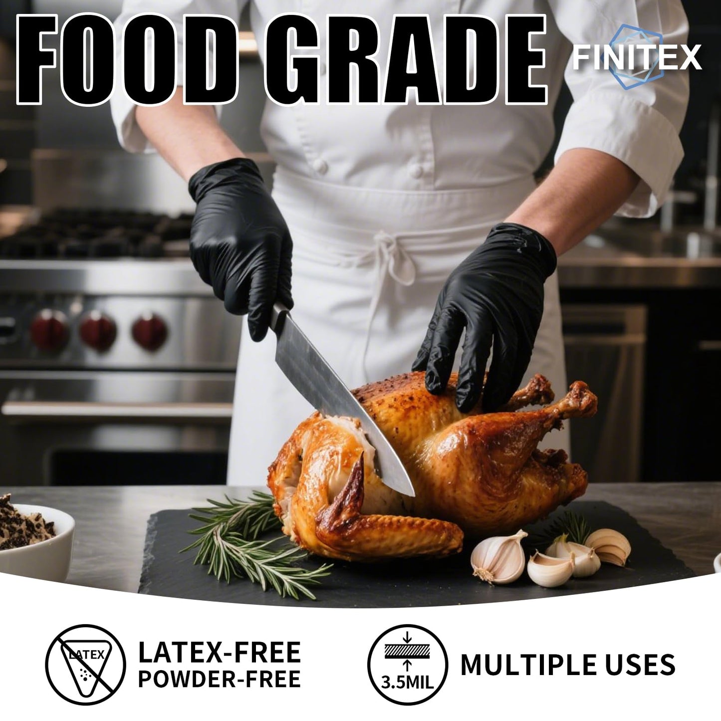 FINITEX Nitrile Disposable Latex-Free Gloves Black - 3.5mil 100PCS Powder-Free Cleaning Medical Exam Food Glove (Large)