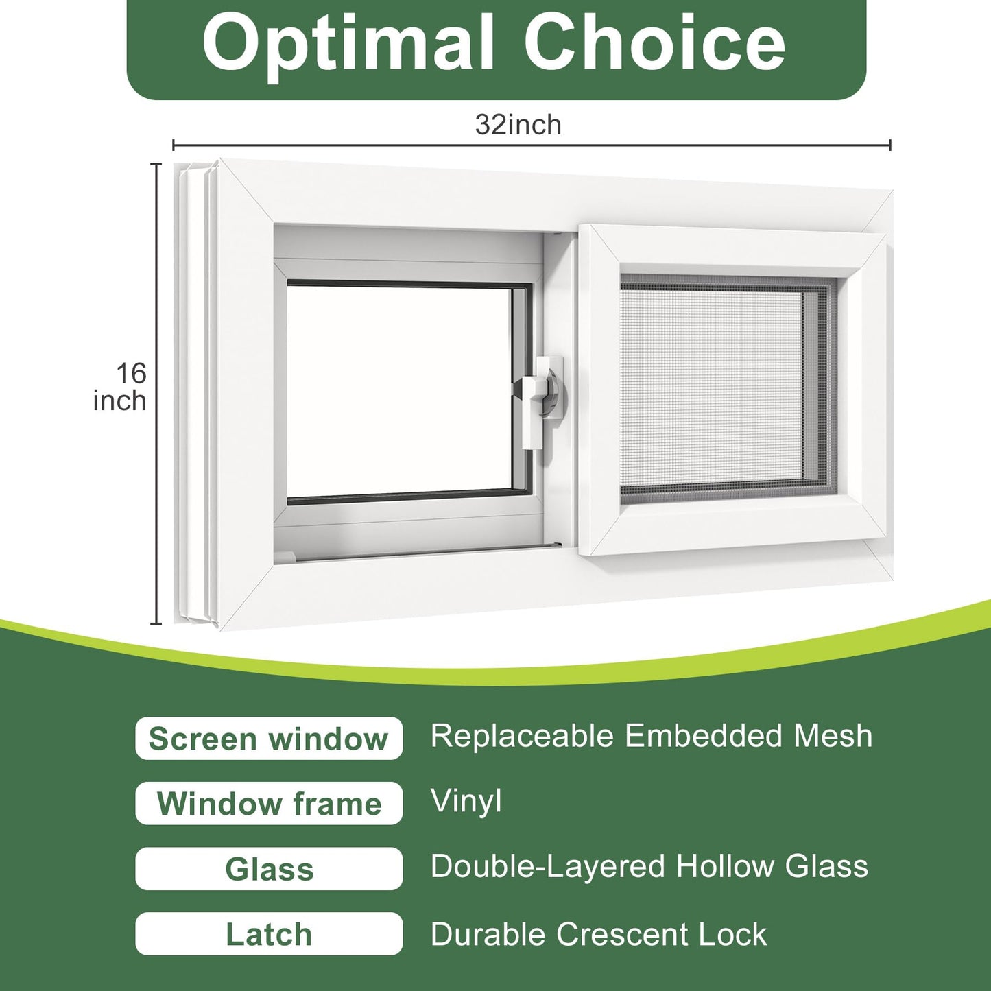 Basement Slider Window 32" x 16" Vinyl Basement Window,Featuring Double-Pane Insulated with Thermal Insulation Soundproof Glass,Removable Sliding Windows with Screen Windows