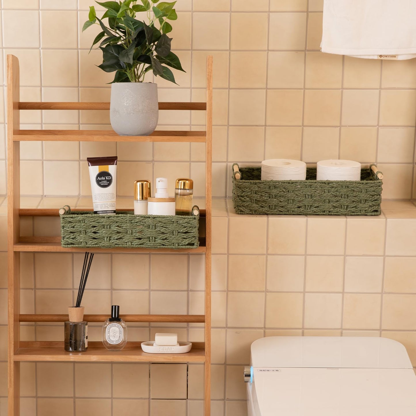 OIAHOMY Toilet Paper Baskets Handmade Paper Rope Decorative Wicker Storage Tank Shelf Cabinet Organizer for Bathroom Home, Set of 2, Green
