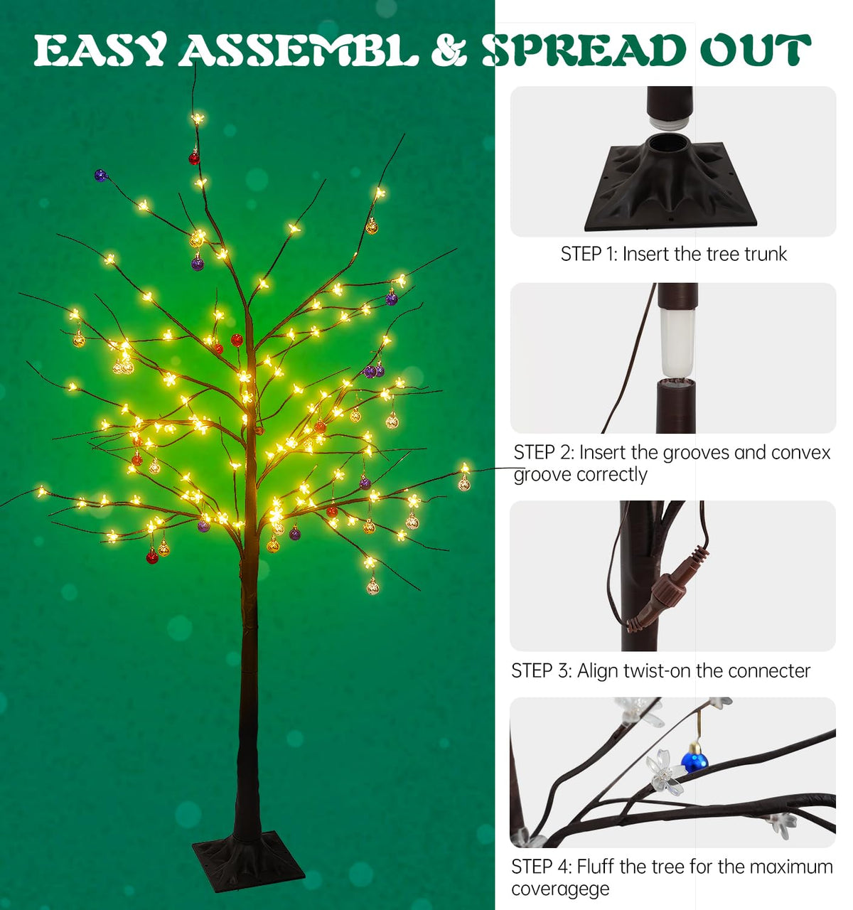 Set of 3 Birch Tree with LED Lights, 4FT 5FT 6FT Prelit Christmas Tree, Lighted Black Artificial Tree for Indoor Outdoor, Thanksgiving Christmas Seasonal Holiday Decoration