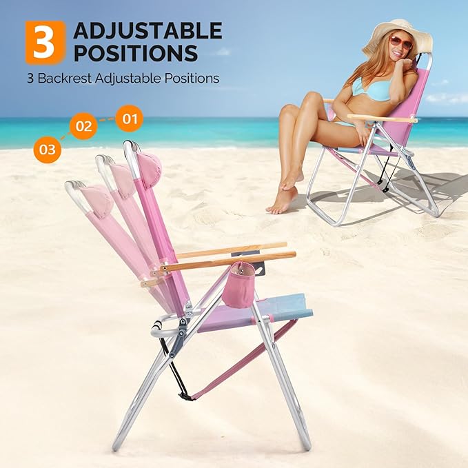 VINGLI Aluminum Backpack Beach Chair – Tall Beach Chairs for Adults, Portable with Adjustable Straps, 3-Position Reclining, Cup Holder, High Lightweight Beach Chairs for Beach (Pink, 17" High)