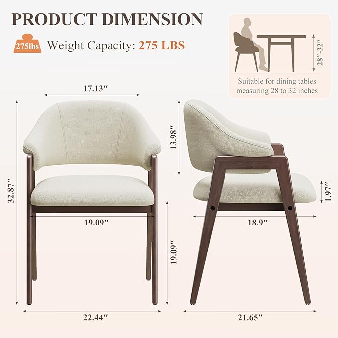 MALOL Wooden Dining Chairs Set of 2, Modern Fabric Upholstered Dining Room Chair, Kitchen Side Chairs, Farmhouse Dinner Chair with Curved Open Back for Kitchen, Beige