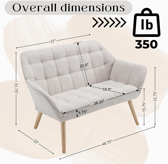 Hyfirm Loveseat Sofa, 48 inch Love Seat for Living Room Comfy Linen Small Couch with Wood Legs for Bedroom Small Space Apartment Office, Beige