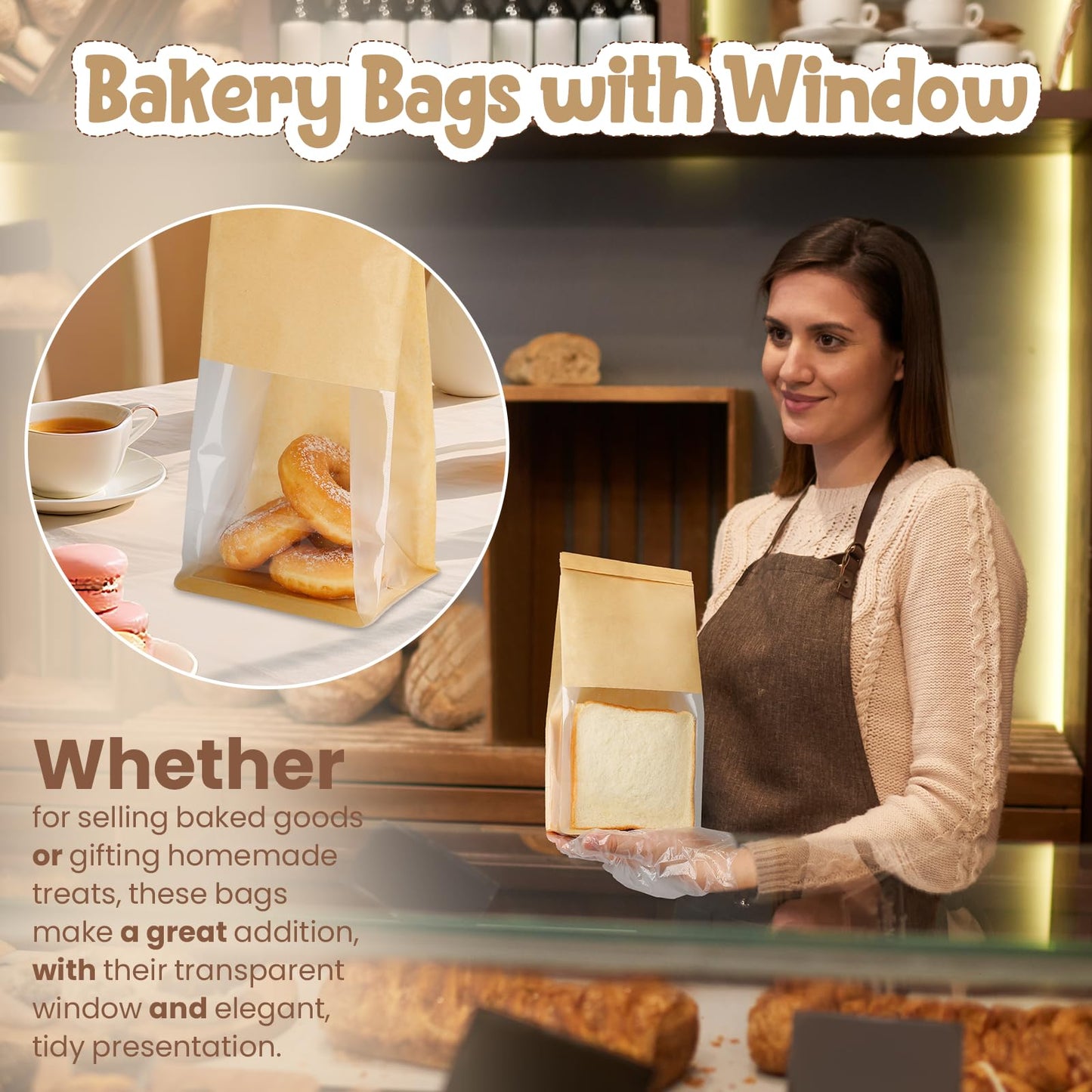 HONKID Bread and Cookie Bags with Seal, 50 Pack 11 x 5.1 x 3.9 Inches Bakery Bags with Window Reusable Tin Tie Tab Lock for Sealed Baked Goods Packaging for Pastry Bagels Breads Goodies Cookie Brown