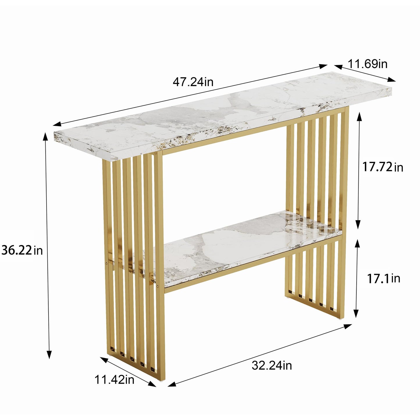 GDFStudio 47.2" Modern Console Table with Shelf, Luxury Narrow Entryway Table with Faux Marble Top and Gold Metal Frame, Sofa Tables Behind Couch for Living Room Foyer Hallway, Gold White