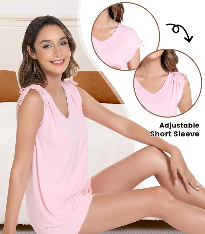 NACHILA Pajamas for Women-Viscose from Bamboo, Ribbed Racerback Tank Top Sexy Split Shorts Pajama Sets Cooling Sleep Cami Pjs