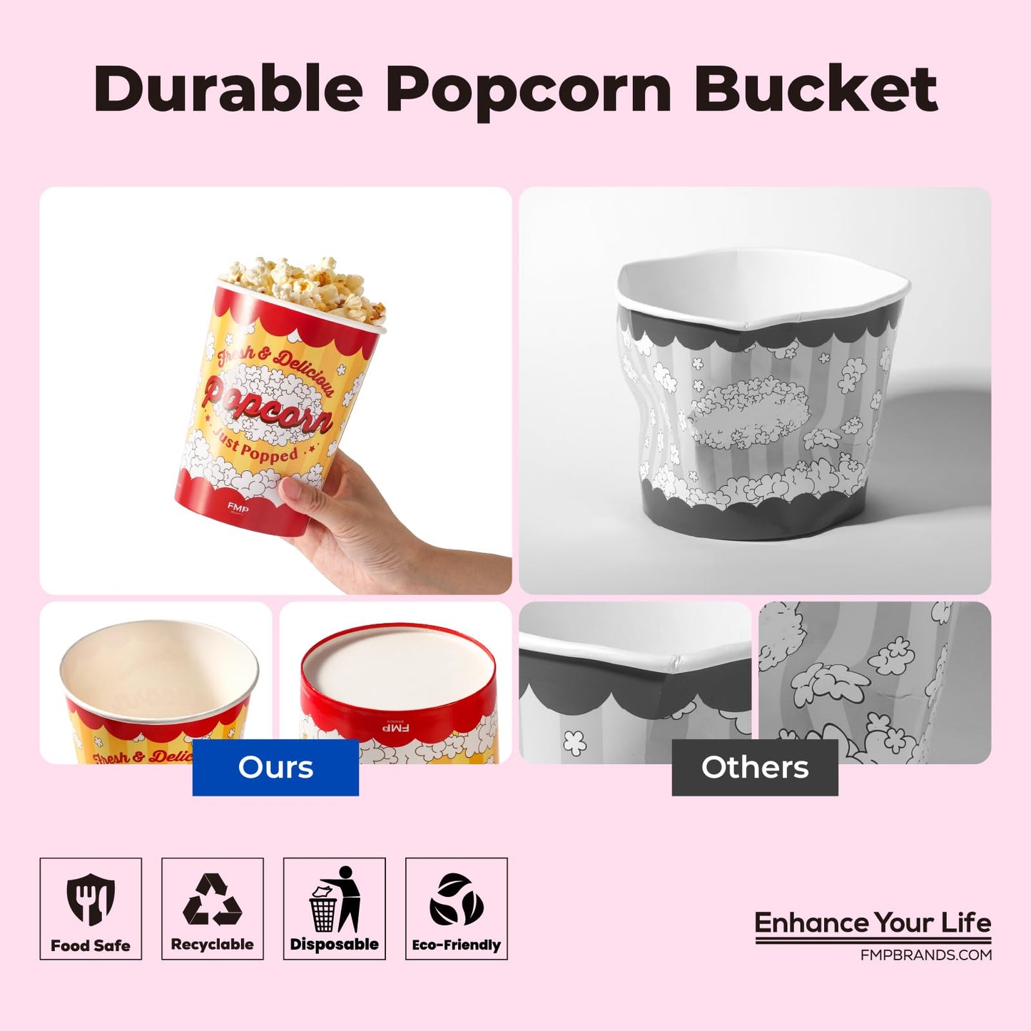 Fit Meal Prep 25 Pack Classic Paper Popcorn Buckets Disposable, 32 Oz Grease Resistant Popcorn Bowls Cups for Machine Home Theater Carnival Movie Night
