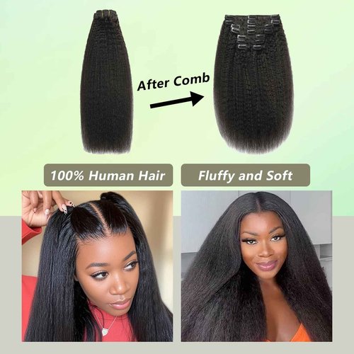 Yaki Straight Human Hair Clip in Extensions 100% Unprocessed Brazilian Virgin Hair Clip Ins Kinky Straight Hair Clip ins Natural Black 8pcs with 18 Clips 120g Per Set (22 Inch)