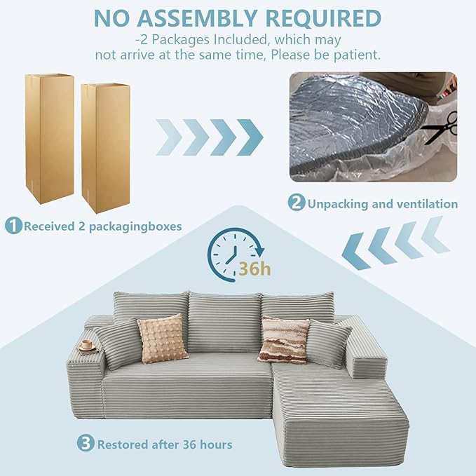 107" W Cloud Sectional Couch with L-Shape Chaise, Modern Corduroy Boneless Couch for Living Room,Memory Foam Sofa with Deep Seat,No Assembly Required (Grey,Right-Facing Chaise)