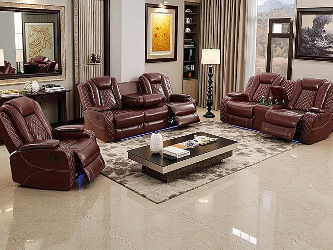 Toseslo Power Recliner Sofa Set, Brown Leather 3 Pieces Sectional Couch, Living Room Furniture Sets with LED Light, Modern Power Reclining Sets with Storage Console/Cup Holder for Living Room