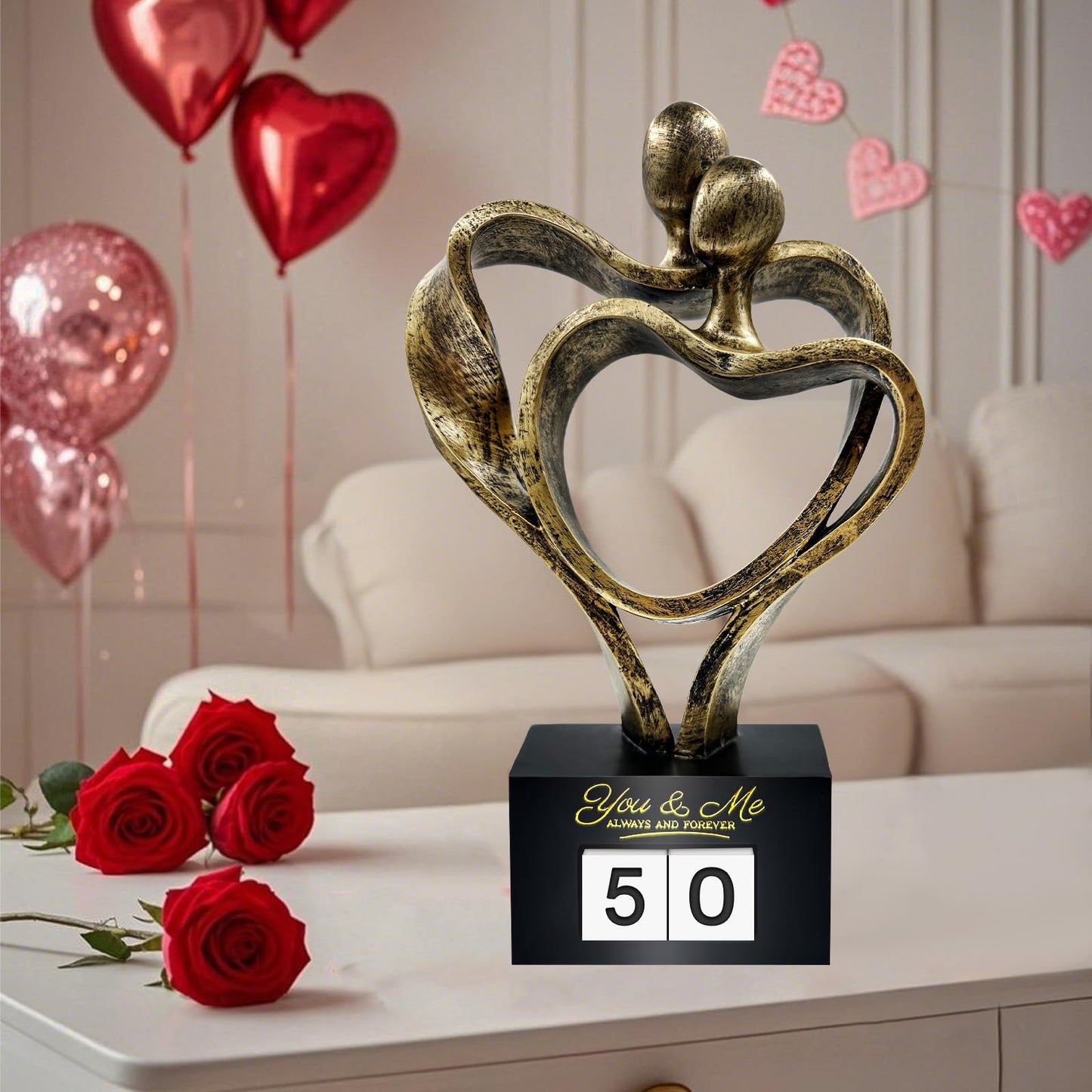 Anniversary Wedding Gifts for Couple Parents Wife Husband(1-99 Years) , Romantic Heart Decoration Couple Sculpture Love Statue for Her and Him, Anniversary Weddings Valentine's Gifts Home Decor(S)