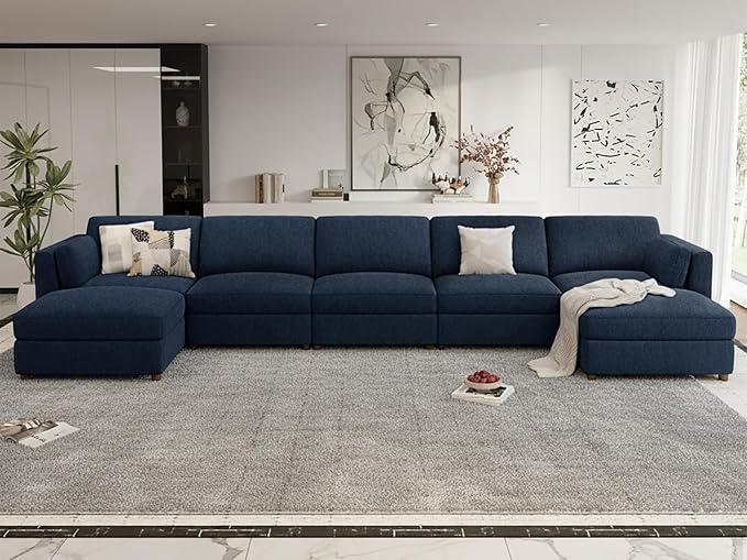 CUGOAO 188.7'' Modular Sectional Sofa, Oversized U-Shaped Sectional Couch with Ottoman, Deep Seat Chenille Cloud Couch, Mordern Upholstered Couches for Living Room, Apartment, Office, Blue