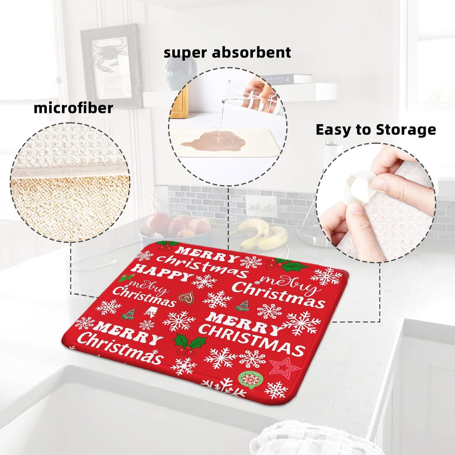 Red Christmas Drying Mat for Kitchen Counter 18" X 24" Christmas Dish Drying Mat for Kitchen Decor Red Xmas Drying Mats For Home Counter Drying Mats For Dishes Dish Mat Drying Mat