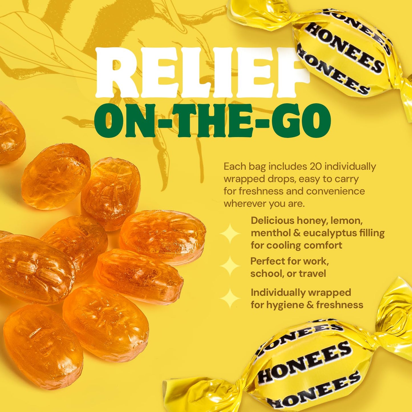 Honees Filled Honey Lemon Cough Drops- Filled with Honey, Menthol, Lemon and Eucalyptus - Nothing Artificial -Natural Sore Throat Lozenges- Non-GMO (12 Pack – 240 Drops)