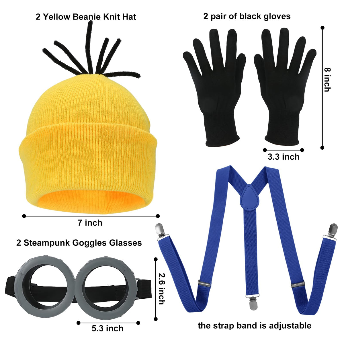 8 Pcs Yellow Halloween Costume Accessories Set,Beanie Hats/Goggles Glasses/Gloves/Suspenders for Unisex Men and Women Adults Cosplay Party Kit