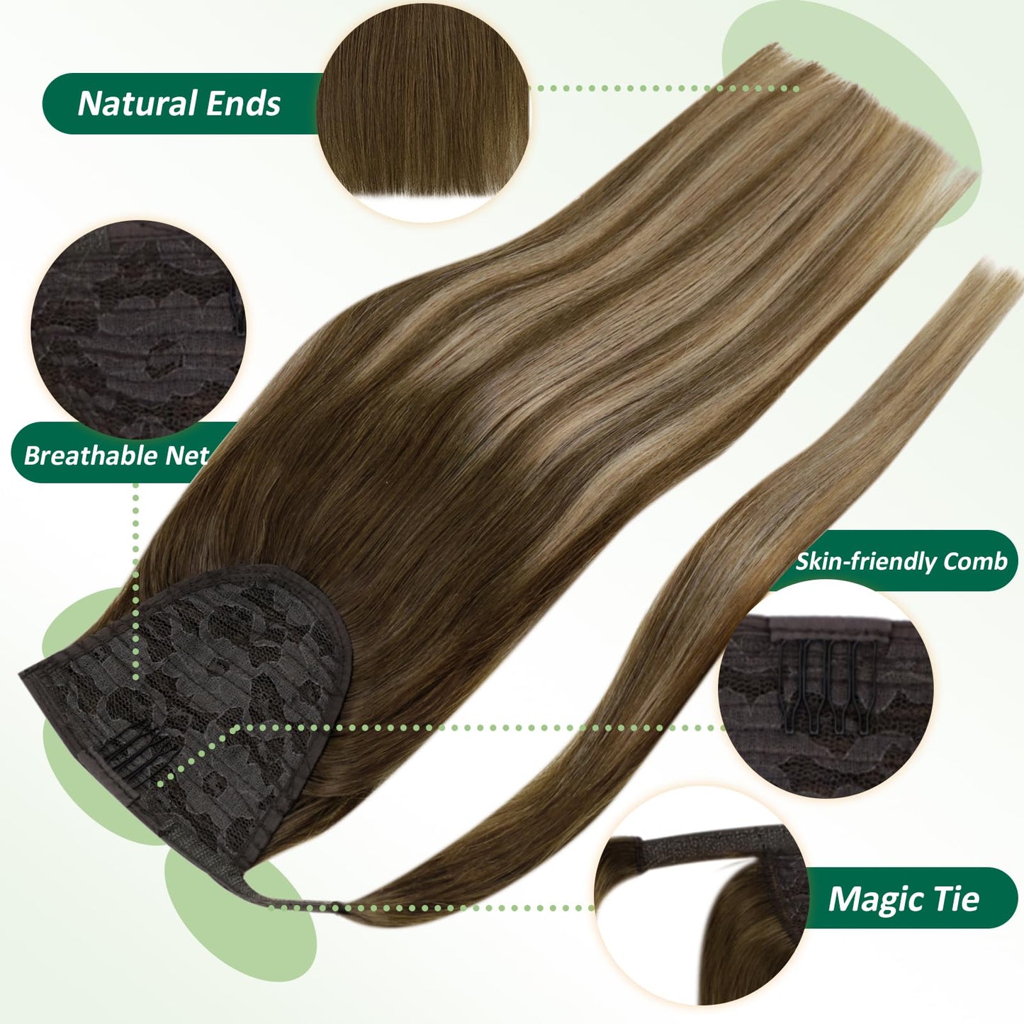 Easyouth Ponytail Extension Human Hair Brown Balayage Ponytail Hair Extensions Medium Brown Balayage Caramel Blonde Real Hair Po