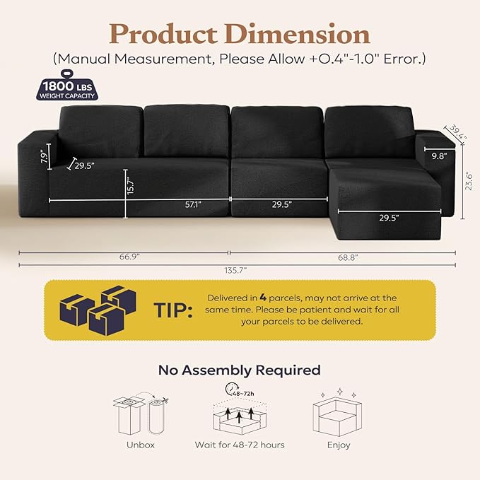 Furnify 136" Modular Sectional Couch Left/Right Facing Convertible, L-Shape Modern Teddy Sofa, Deep Seat Upholstered Foam Couch for Living Room Bedroom, No Assembly Required (Black, Teddy Boucle)