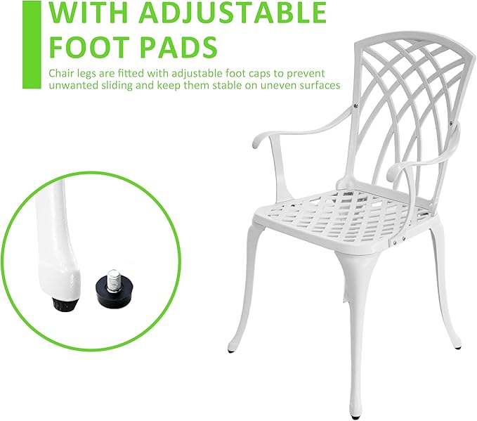 PATIO-IN White Bistro Table and Chairs Set of 2, Cast Aluminum White Bistro Set Outdoor, Patio Bistro Sets with Umbrella Hole, Round Back Yard Set for Porch Balcony Garden