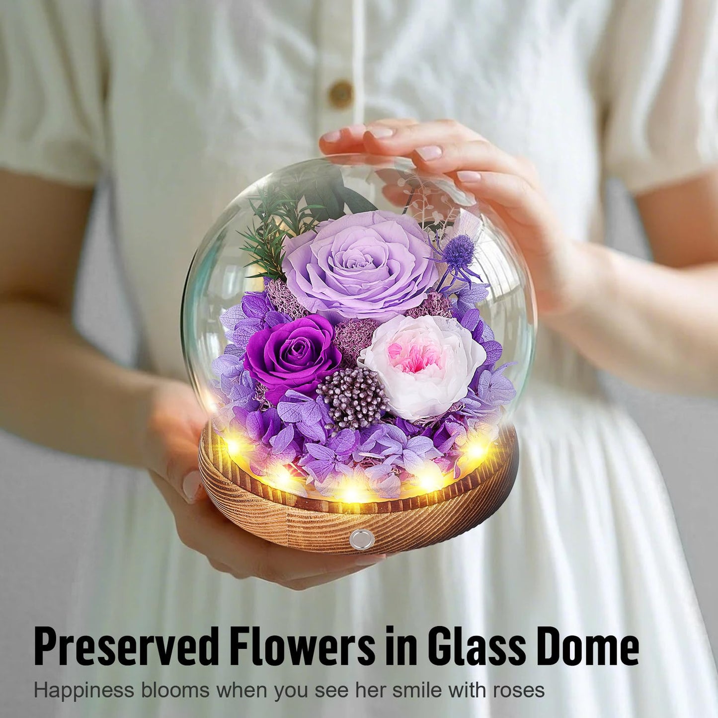 MAMAMIKO Preserved Roses in Glass Dome with LED Light - Long Lasting Real Roses, Forever Flowers for Delivery, Mothers Gifts for Her, Mom, Wife Anniversary Birthday Gifts for Women, Purple