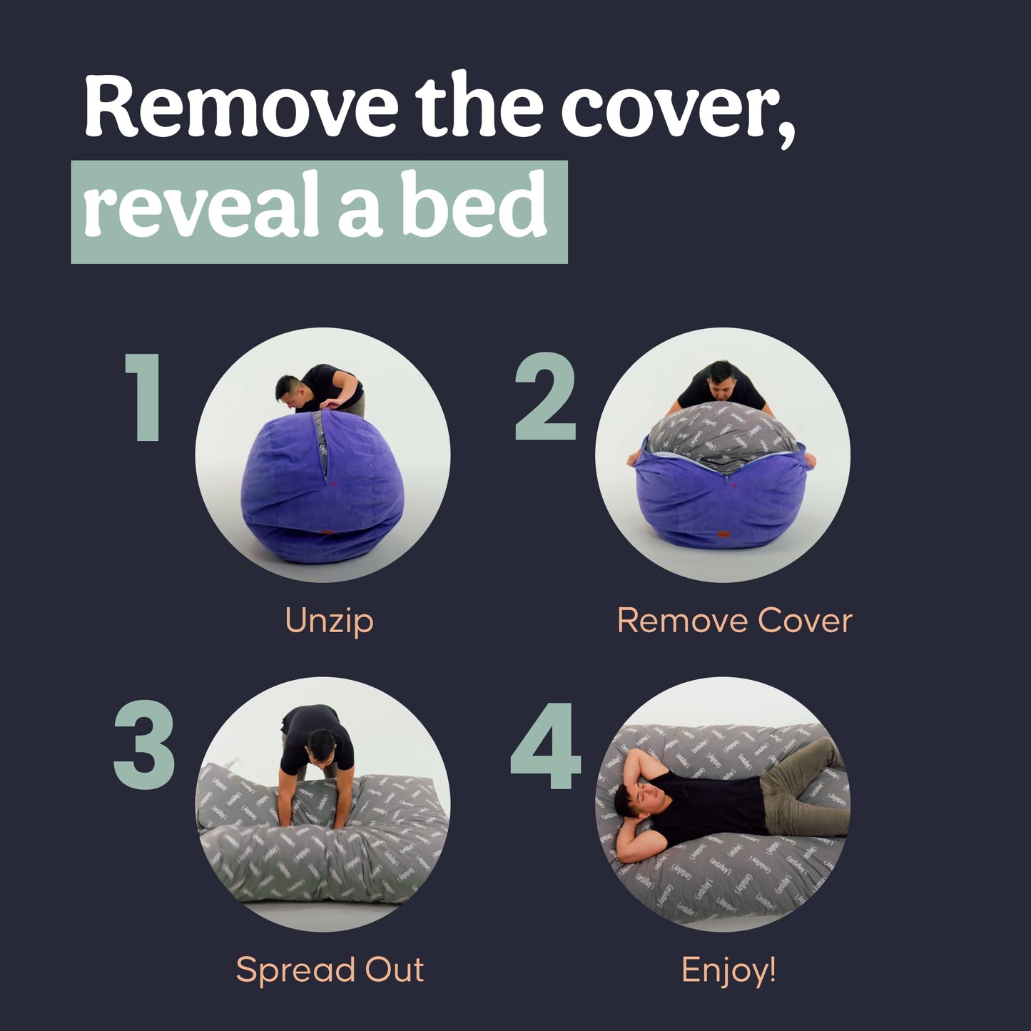 CordaRoy's Chenille Bean Bag Chair, Convertible Chair Folds from Bean Bag to Lounger, As Seen on Shark Tank, Very Peri Purple - Queen Size