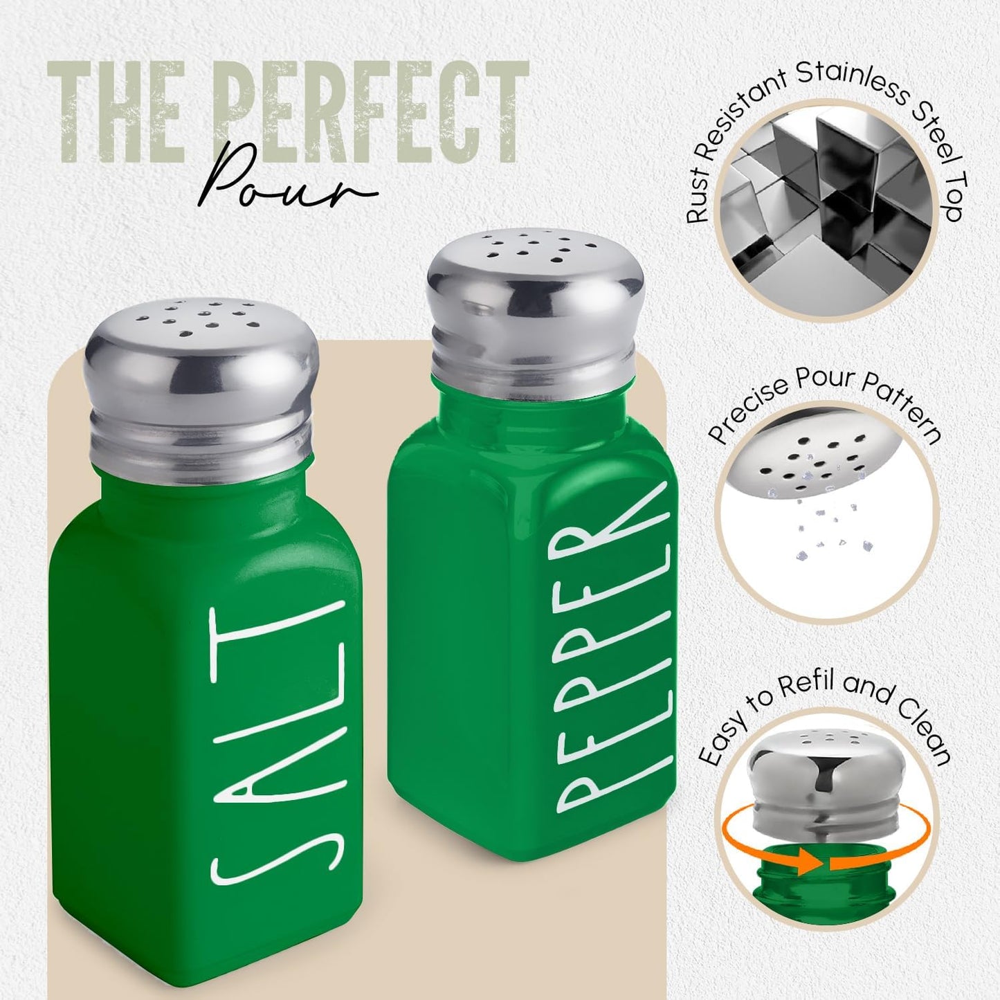 Green Salt and Pepper Shakers Set by Brighter Barns - Modern Farmhouse Kitchen Decor for Home, Restaurants, Airbnb - Cute Kitchen Decor and Accessories - Glass Shakers & Stainless Steel Lids (Green)