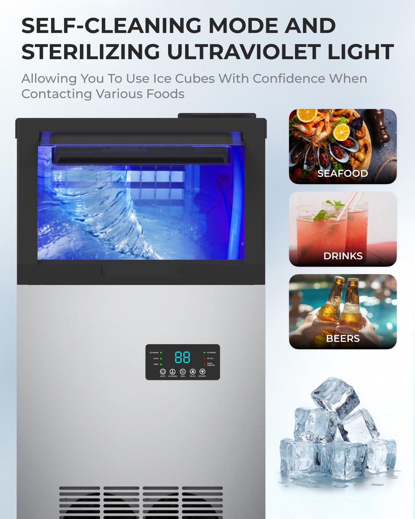 Quyndor Commercial Ice Maker Machine 120LBS/Day, Undercounter Ice Makers30LBS Storage Bin and 45 Ice Trays, Icemaker Machine Double Water Inlet with Water Line, Ice Scoop