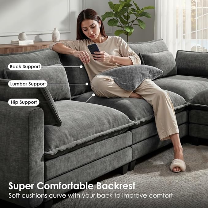 Marsail Modular Sectional Sofa 110.6" U-Shaped Modern Comfy Cloud Couch, 5-Seat Chenille Deep Seat Sofa with Throw Pillow & Movable Ottoman for Living Room, Bedroom and Apartment, Charcoal Gray