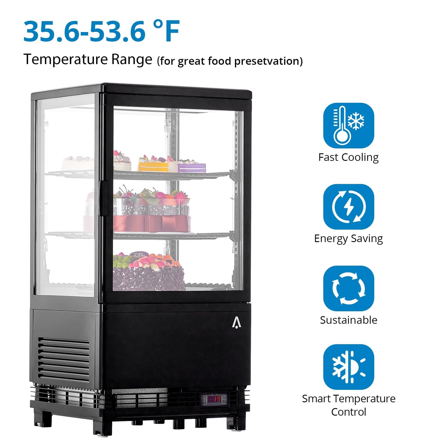 2.0 Cu.Ft. Countertop Refrigerated Display Case, Commercial Pastry Refrigerator with Led and Air-Cooling, Bakery, Cafes and Restaurants, Featuring Rear Sliding Door for Easy Access and Frost-Free