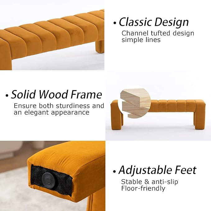AIITTCC Velvet End of Bed Bench Upholstered Modern 59" Bedroom Bench for King Bed Bench Tufted Window Bench Comfy Long Ottoman for Living Room/Entry/Indoor (Brown, 59" Wide)