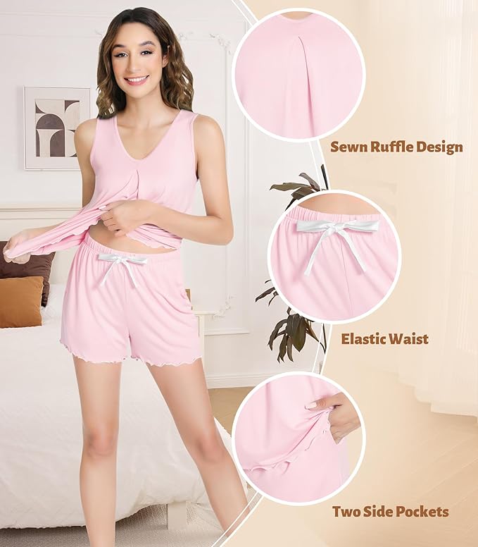 NACHILA Pajamas for Women-Viscose from Bamboo, Ribbed Racerback Tank Top Sexy Split Shorts Pajama Sets Cooling Sleep Cami Pjs