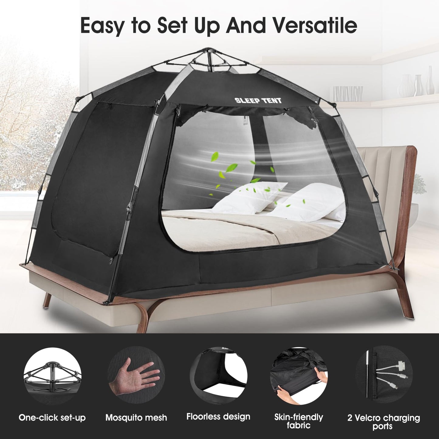 YAVIL Portable Bed Tent Bed Canopy Full Size,ONE-Click Sleeping Tent Breathable Indoor Tent Privacy Large Space with 3 Doors for Kids and Adult