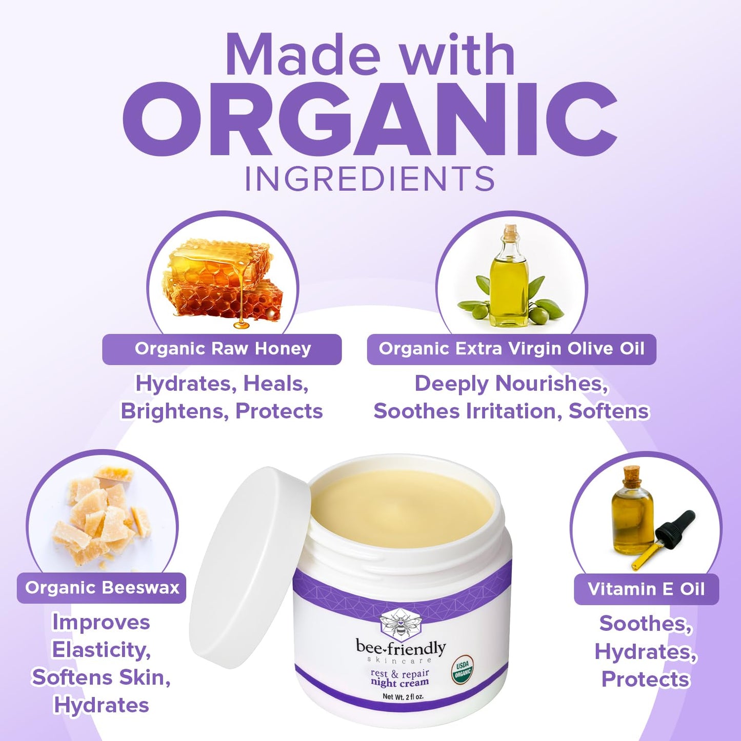 BeeFriendly Organic Night Cream, USDA Certified Organic, Deep Hydrating & Moisturizing Night Time Eye, Face, Neck & Decollete Cr