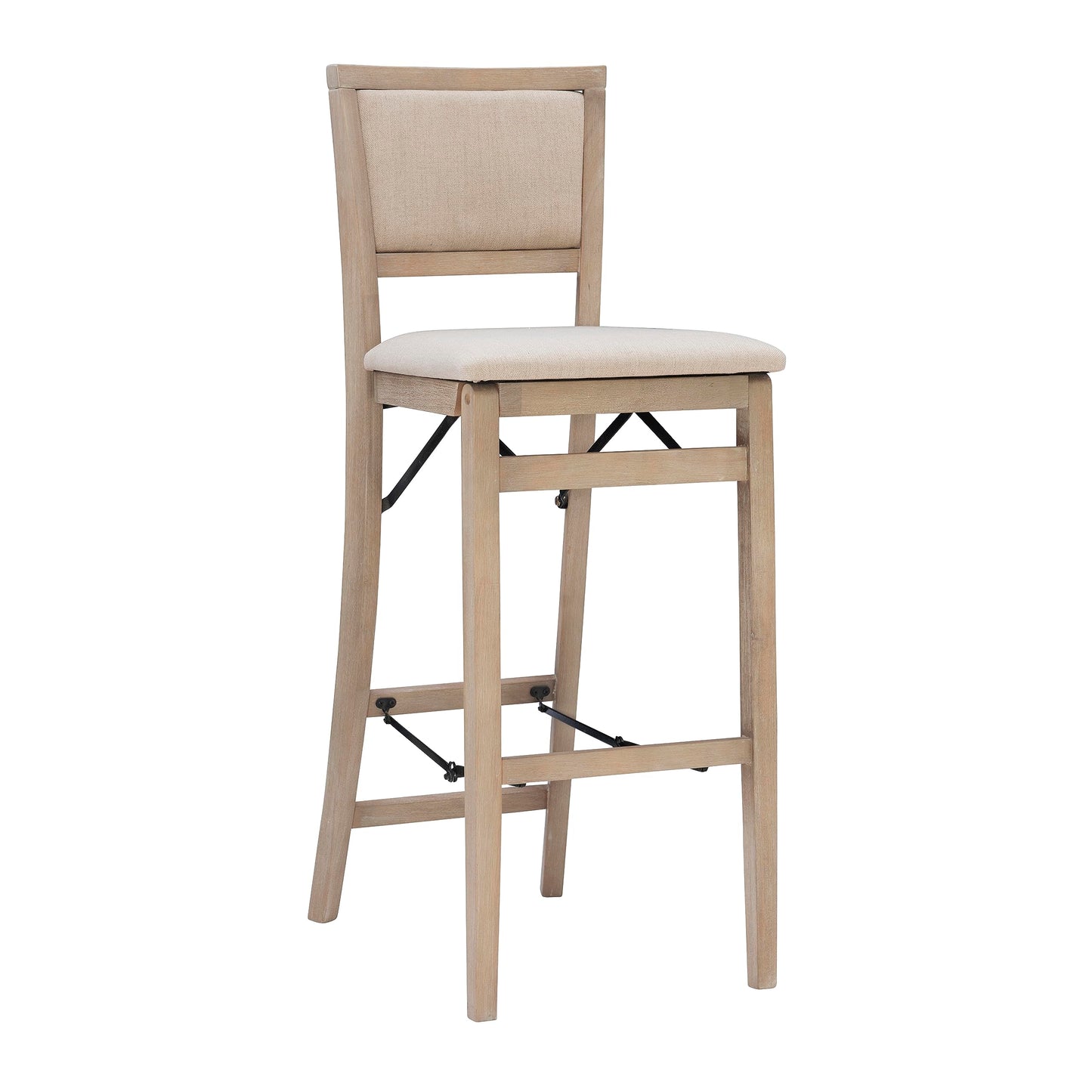 Linon Keira Natural Rustic Wooden Folding Barstool with Beige Upholstered Seat and Back