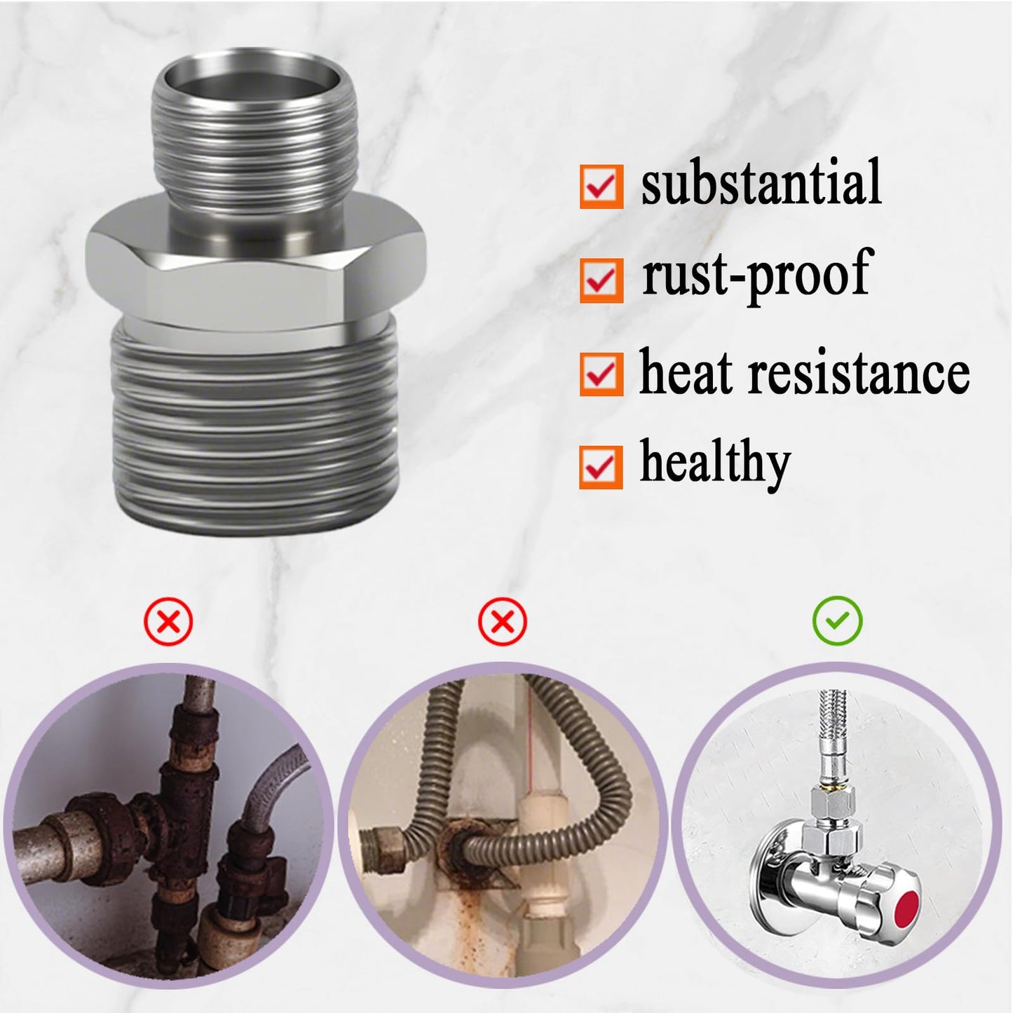 ENCMY 1/2 to 3/8 Water Line Adapter, Brass Compression reducer faucet fitting, 3/8 Male to 1/2 Male Water Hose Adapter for RV Kitchen, Pipe Connector with Teflon Tape and Filter gasket (2-Pack)