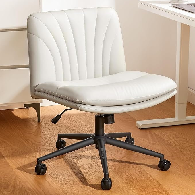 Marsail Armless-Office Desk Chair with Wheels: PU Leather Cross Legged Wide Chair,Comfortable Adjustable Swivel Task Chair...