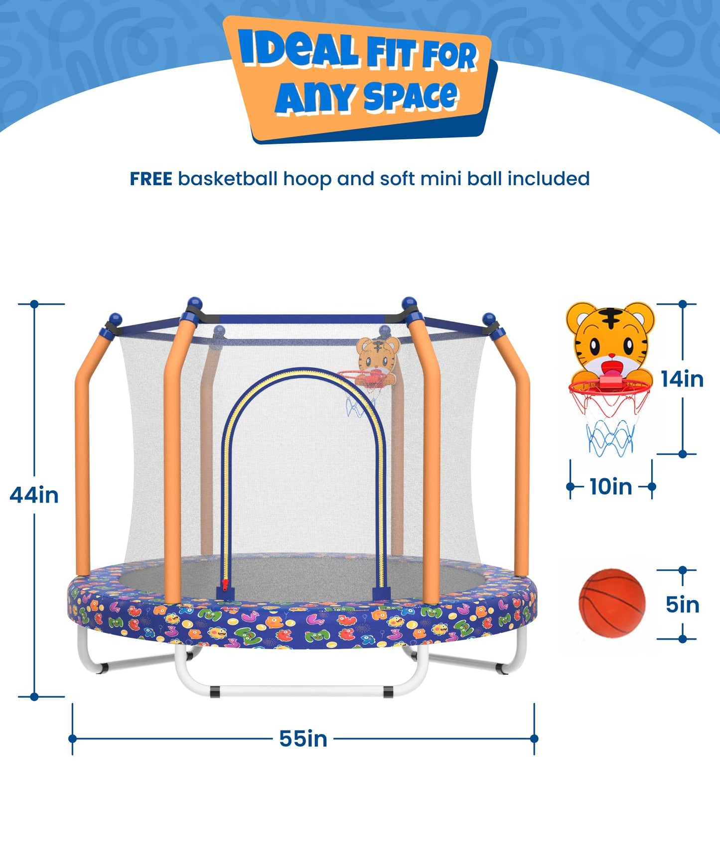 Mersco 55" Indoor Trampoline for Kids, Mini Indoor & Outdoor Small Toddler Trampoline with Net and Basketball Hoop,Birthday Gifts for Boy and Girl, 440lbs Capacity, Age 1-8