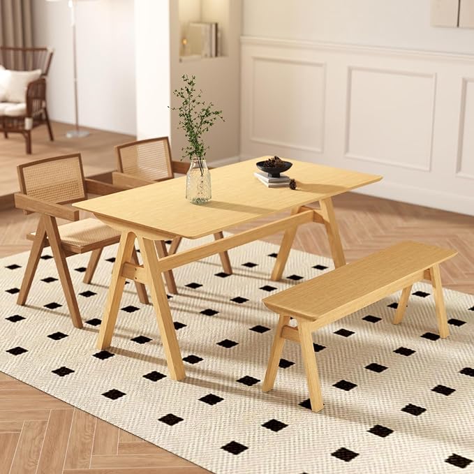 DUOMAY Solid Wood Long Dining Bench, 47" Wide Farmhouse Bench with A-Shaped Legs Mid Century Modern Entryway Bench Shoe Bench for Hallway End of Bed, Original Wood Color