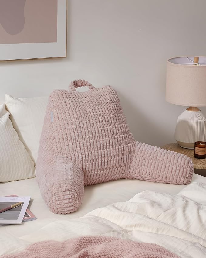 Blissful Diary Reading Pillow, Backrest Pillow with Shredded Memory Foam for Adult & Children, Designed for Bed and Couch Sitting Up, Includes Arms, Pockets and Washable Cover, Pale Pink