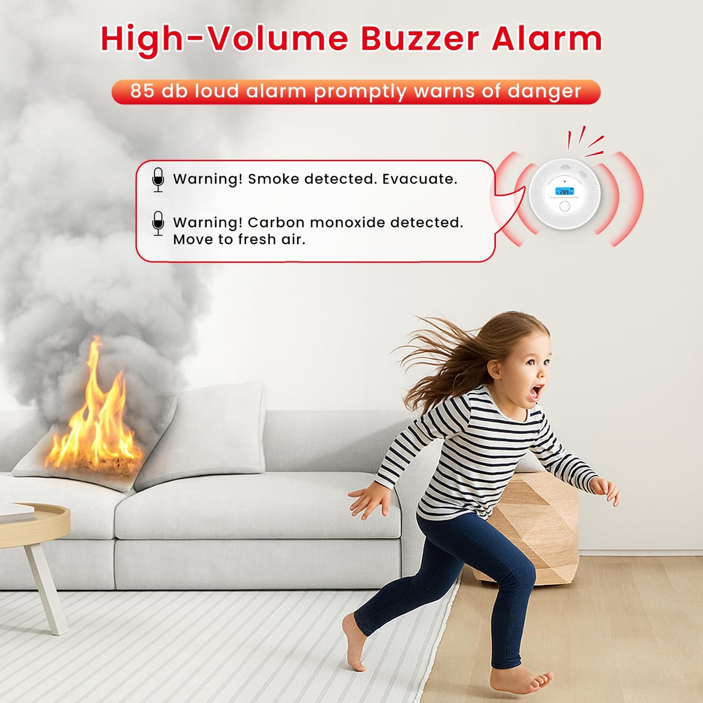 Alertlink 2-in-1 Smoke and Carbon Monoxide Detector Alarm, with Voice Alert,10-Year Battery Fire & CO Alarm with Large LCD Display, Easy Install with Adhesive or Screws