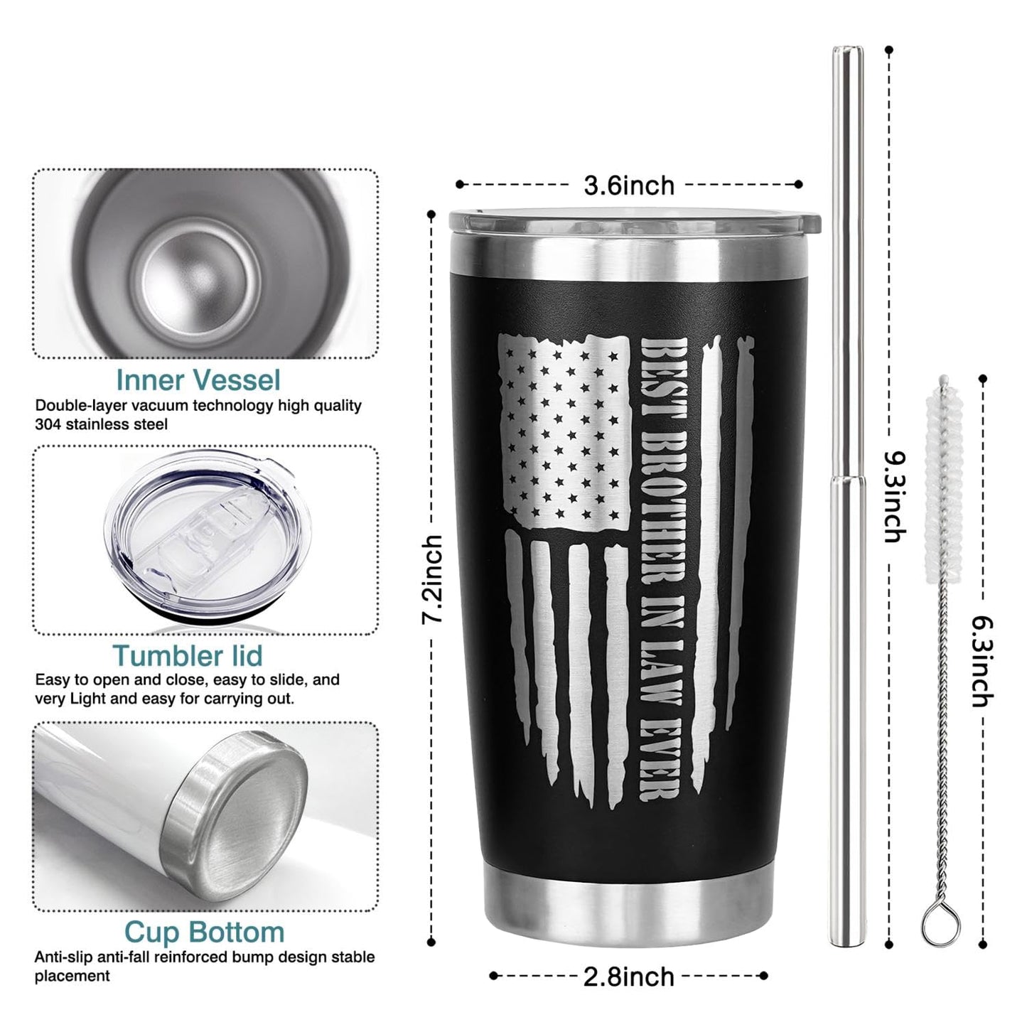 qynspngs Brother In Law Gifts, Birthday/Christmas Gift For Brother In Law, Brother-in-Law Mug Coffee Cup, 20oz Tumbler Lid And Straw