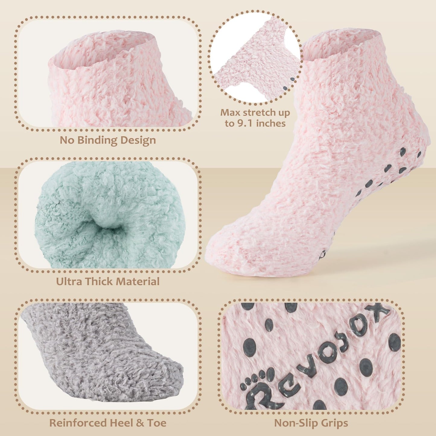 Revosoxs Fuzzy Grip Socks for Women Men,Thick Warm Slipper Cozy Fluffy Non Slip Ankle Hospital socks With Grips.（Pink+Grey+Green+Purple）