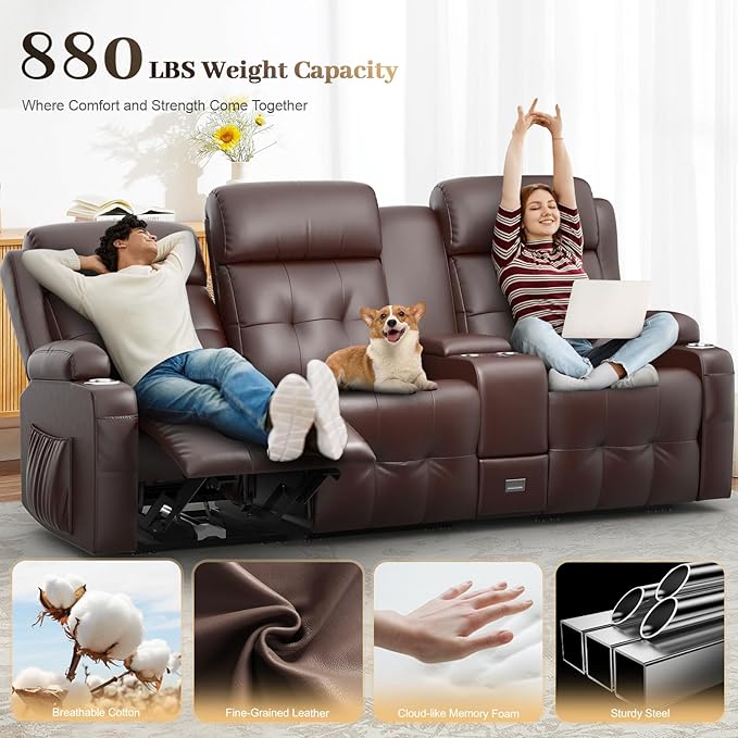 Recliner Sofa, 3 Sets of Massage Reclining 3 Seater Sofa Sets Heavy Weight Capacity, RV Loveseat Couch Clearance with Console, USB, Type C Port, Storage, Cup Holders, Wall Hugger Chair for Living Room