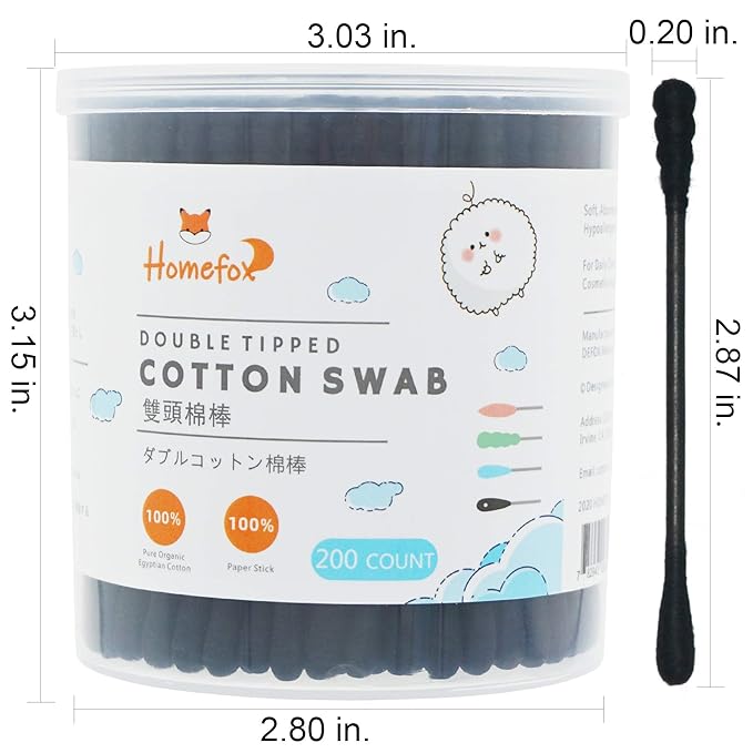 Black Cotton Swabs Spiral - 600 Count Organic Cotton Buds Double Side Tightly Wrapped Charcoal Cotton Tips Paper Stick Soft Gentle Lint-Free Cruelty-Free Goth Bathroom, Round & Spiral (Black)