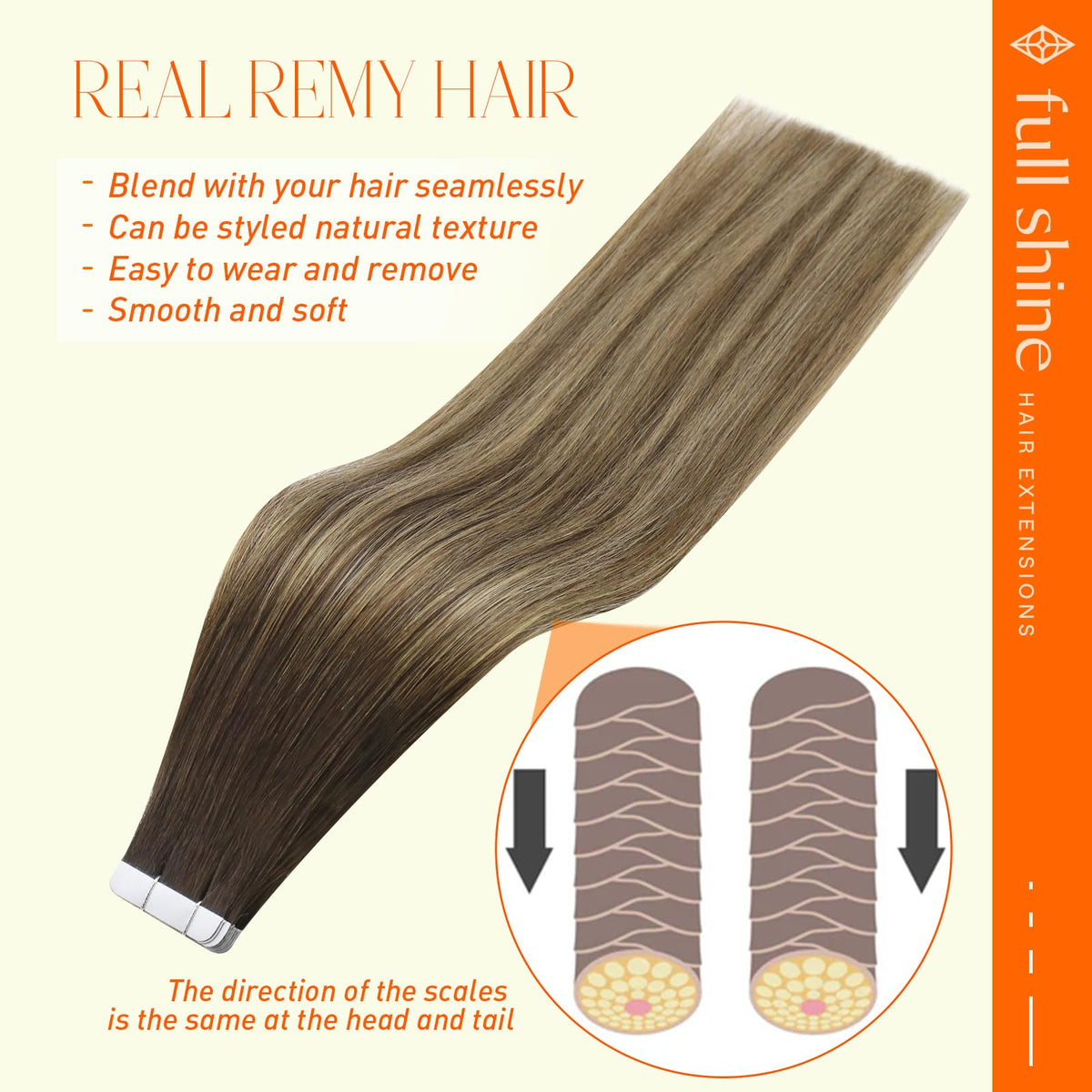 Full Shine Invisible Tape in Hair Extensions Color 2/3/27 Brown And Caramel Blonde Tape in Extensions 16 Inch 50Gram Seamless Sk