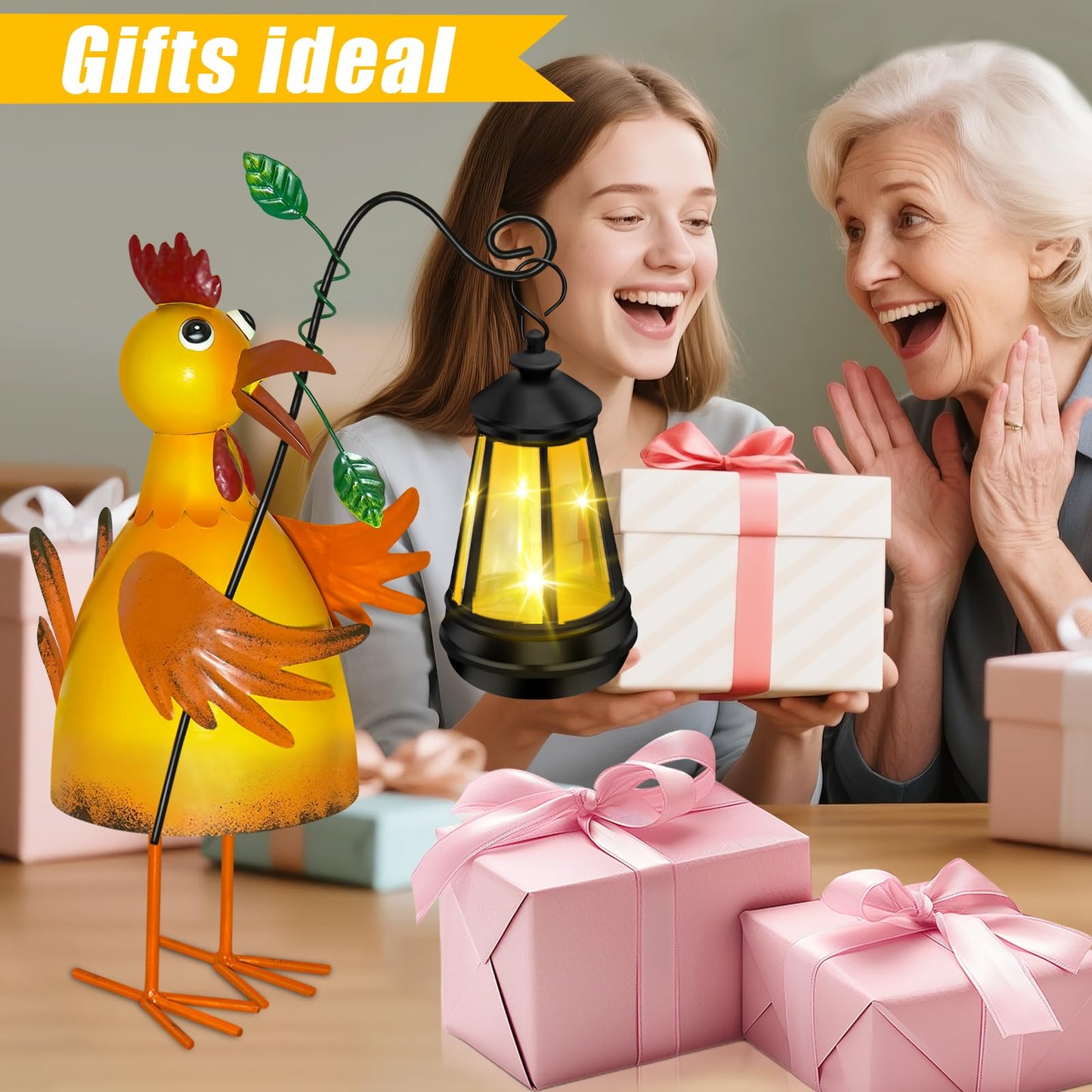 ostritec Solar Garden Decor Outdoor Statue, Metal Chicken with Solar Lantern for Outdoor, Yard, Patio Decor, Unique Birthday Gifts for Women Mom Grandma Cute Housewarming Gifts