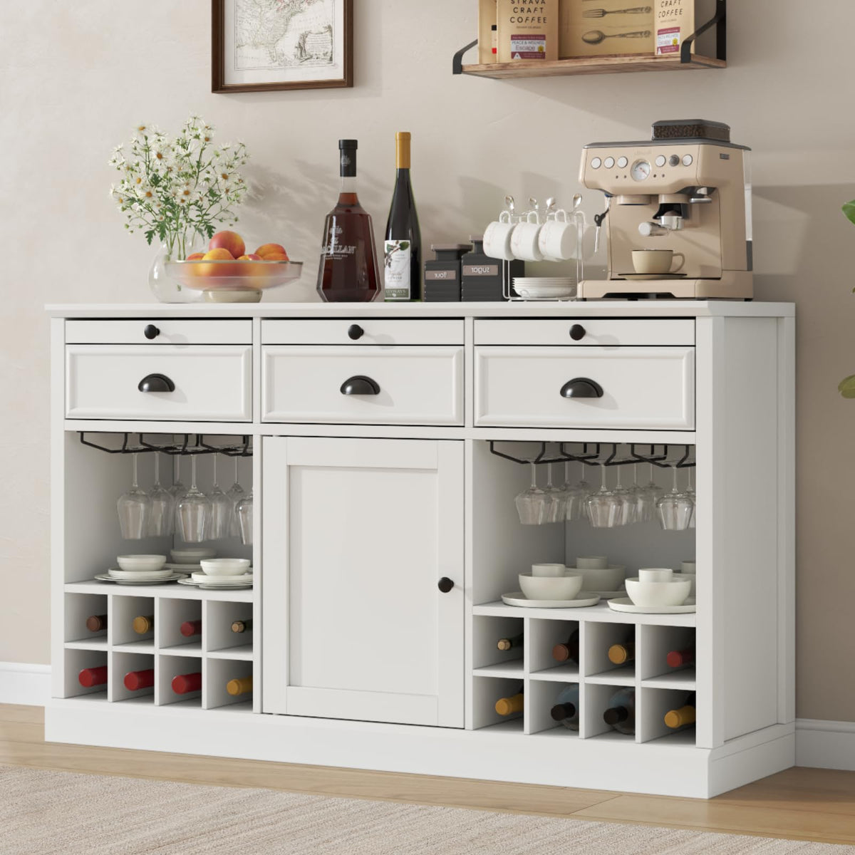 Loomie Wine Bar Cabinet with Pull-Out Trays & Drawers, Liquor Cabinet with Wine Rack & Stemware Holder, Coffee Bar Cabinet with Door & Adjustable Shelf, Kitchen Buffet Cabinet for Home Pub (White)