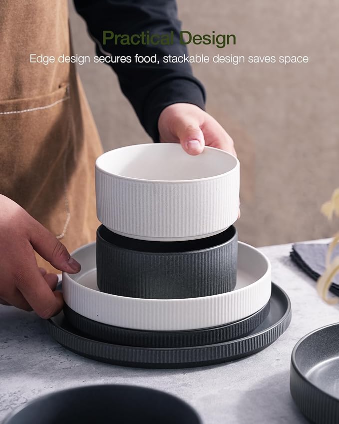 Famiware Star Dinnerware Set, Plates and Bowls Sets for 8 (24pcs), Ribbed Stoneware Dishes - Chip & Scratch Resistant, Microwave & Dishwasher Safe, Multicolor - Matte White & Matte Dark Charcoal
