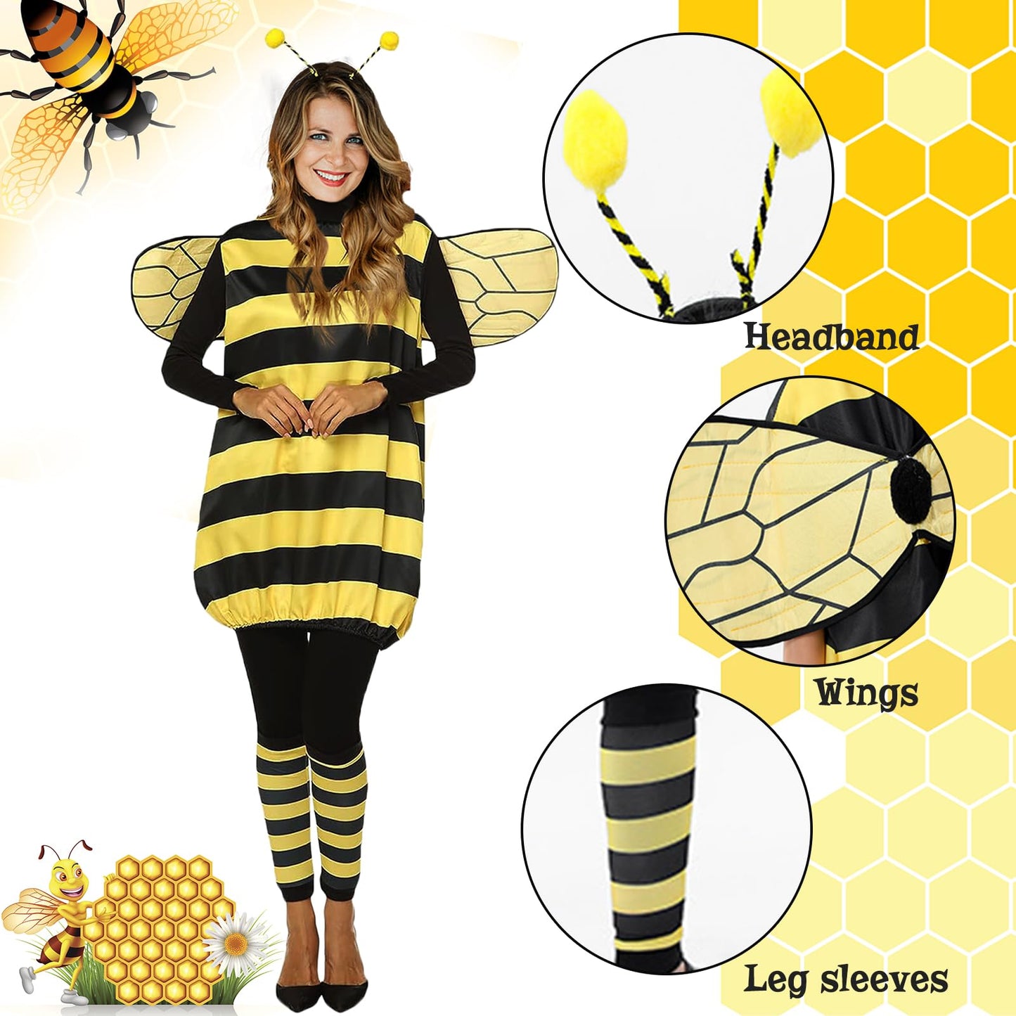 TUSAUW Bee Costume Toddler Halloween Costumes for Girls Womens Kids Adults Halloween Cosplay Costume Role Play Dress Up with Headband Jacket Wings Leggings for Halloween Theme Party(Size L)