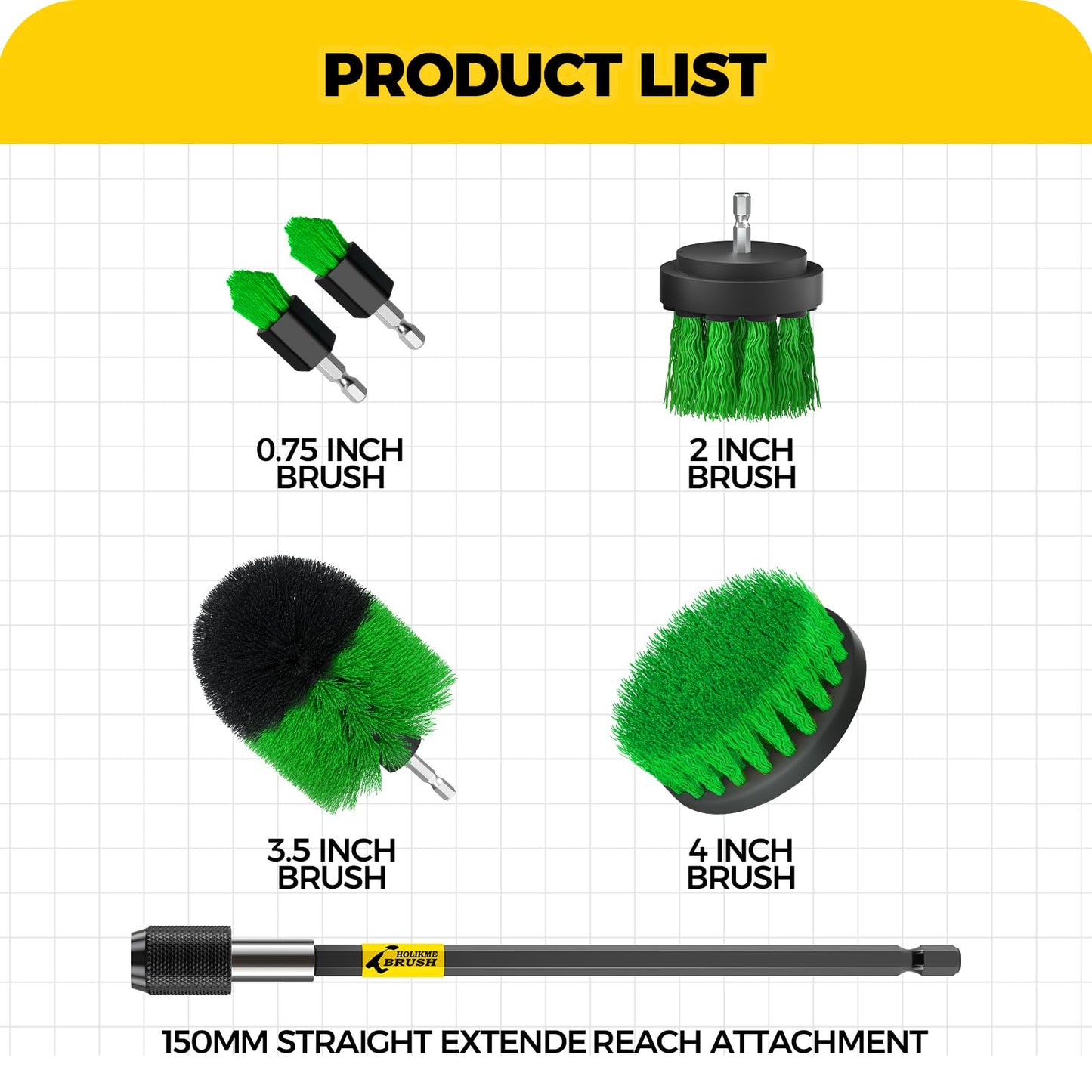 Holikme 6Pack Drill Brush Power Scrubber Cleaning Brush Extended Long Attachment Set All Purpose Drill Scrub Brushes Kit for Grout, Floor, Tub, Shower, Tile, Bathroom，Scrub Brush Green